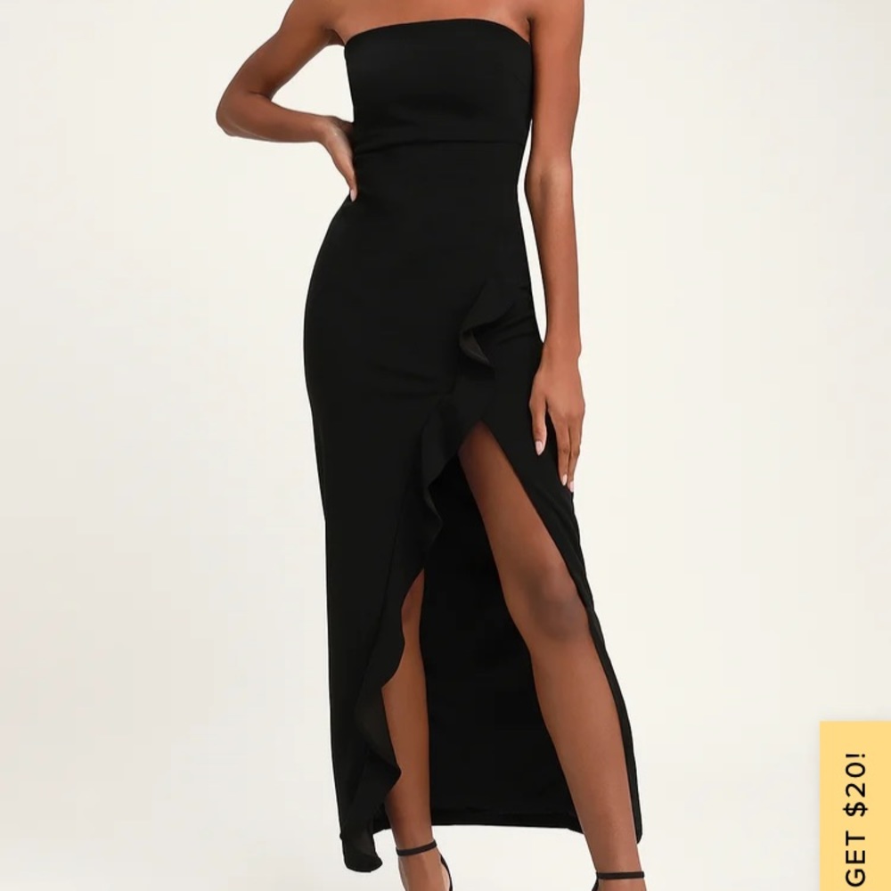 Lulu's Black Strapless Ruffle-Slit Maxi Dress